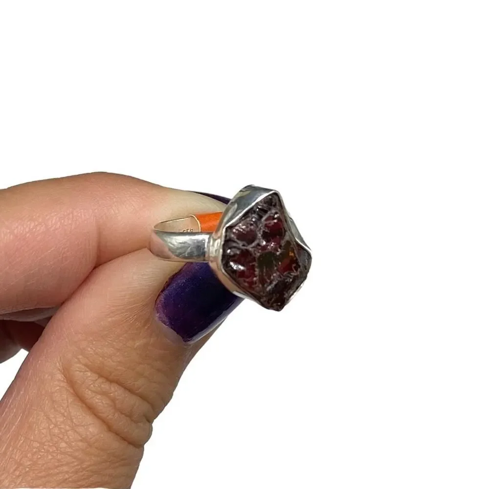 Garnet Ring Size 5.5 Solid Sterling Silver 925 Raw Rough Natural Stone